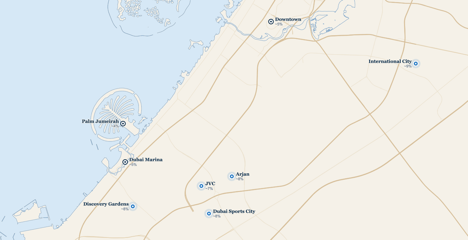 Map of Dubai: prime coastal areas versus higher-yield inland communities